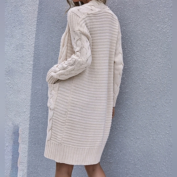 New Boho Long Cable Knit Cardigan Sweater Pockets Long Sleeve Beige Cream Ivory - Picture 5 of 9